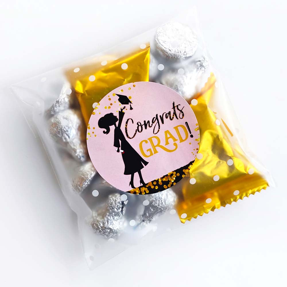 Graduation Favor Kit for Girls – 30 Congrats Grad Stickers + Bags - Pink, Black & Gold Theme