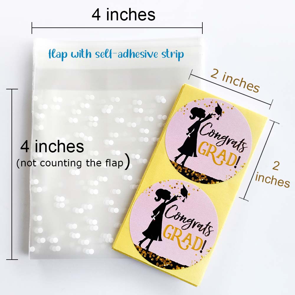 Graduation Favor Kit for Girls – 30 Congrats Grad Stickers + Bags - Pink, Black & Gold Theme