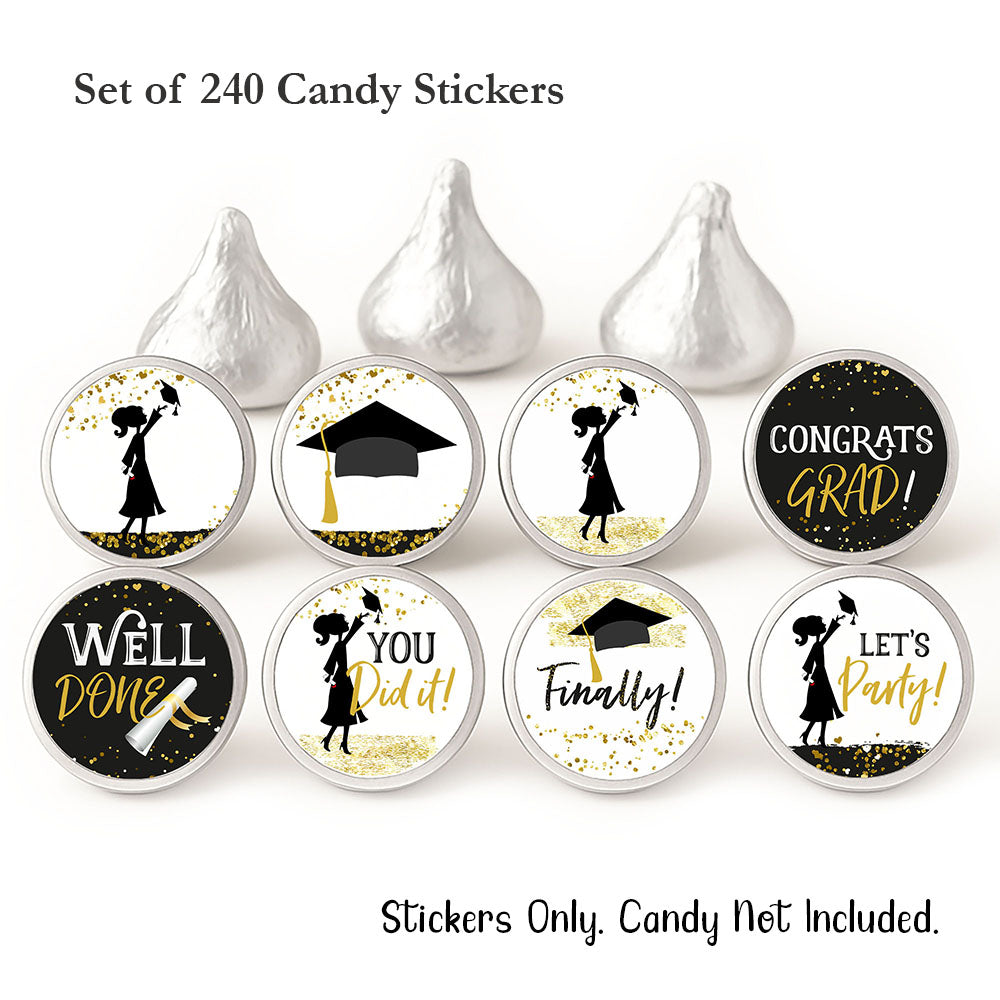 set of 240 black gold graduation candy stickers for hershey kisses chocolates