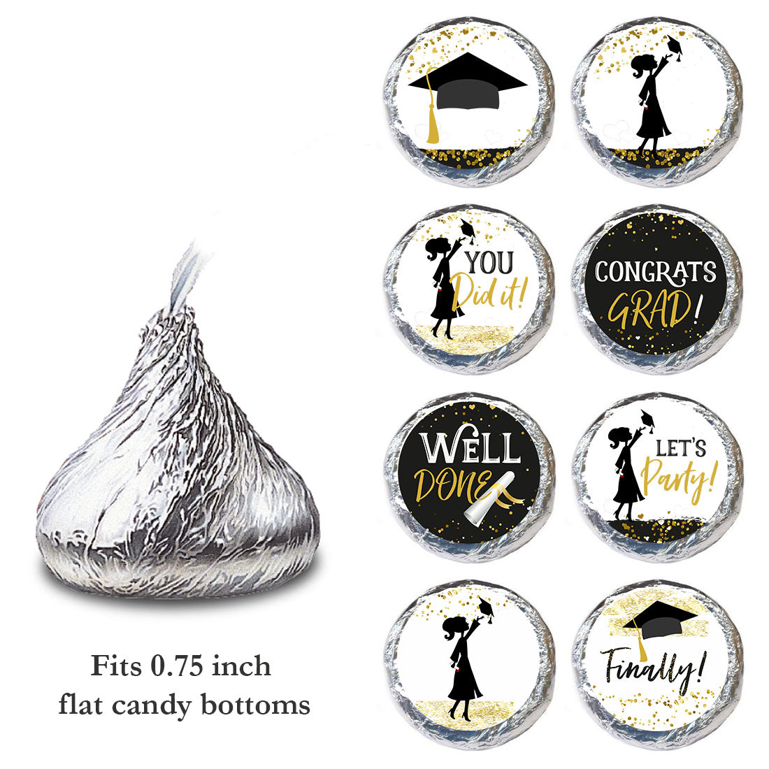 0.75 inch black gold graduation candy sticker size reference