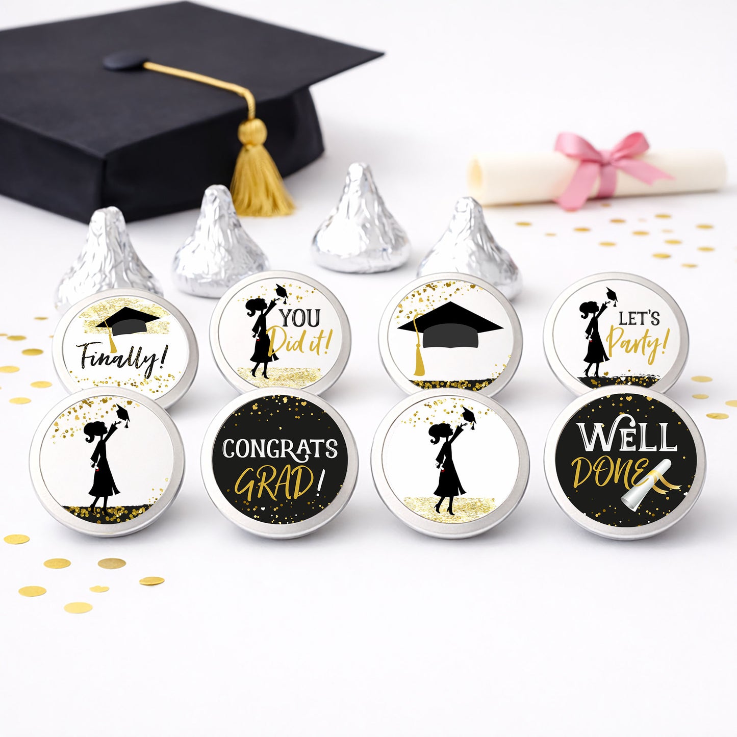 black gold graduation candy stickers for graduation party favors