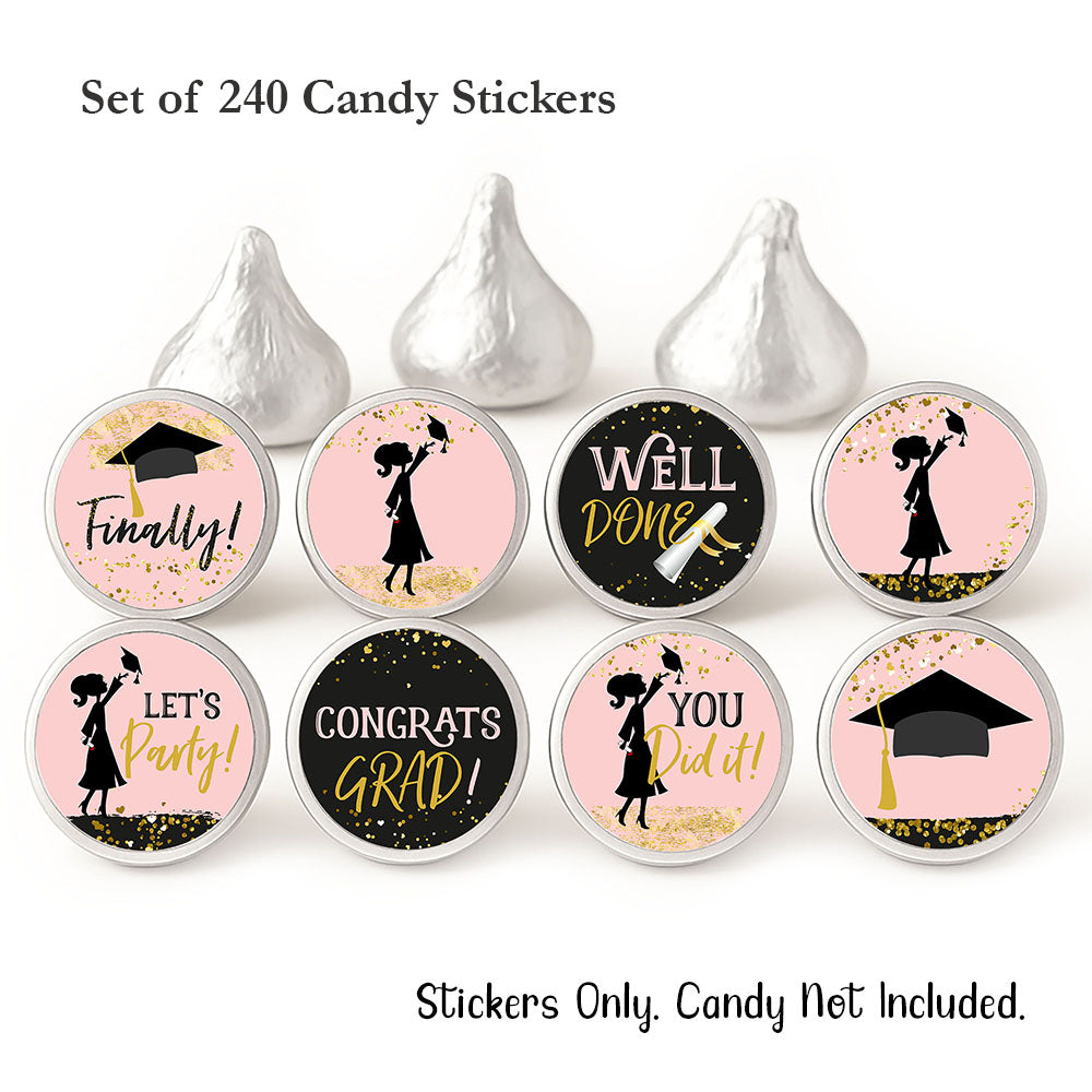 set of 240 girl graduation themed candy labels for hershey kisses chocolates