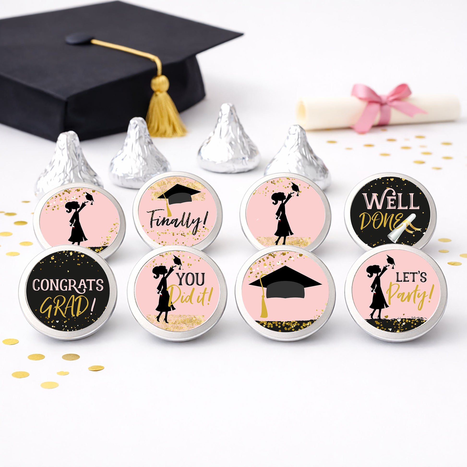 pink graduation candy labels for sweets tables and celebration decor