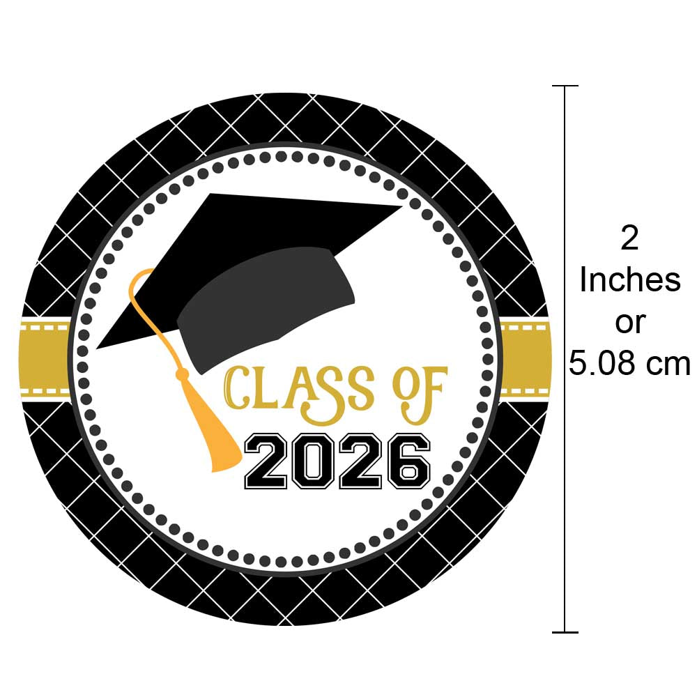 Class of 2026 graduation cap round favor sticker label size 2 inches black and gold design