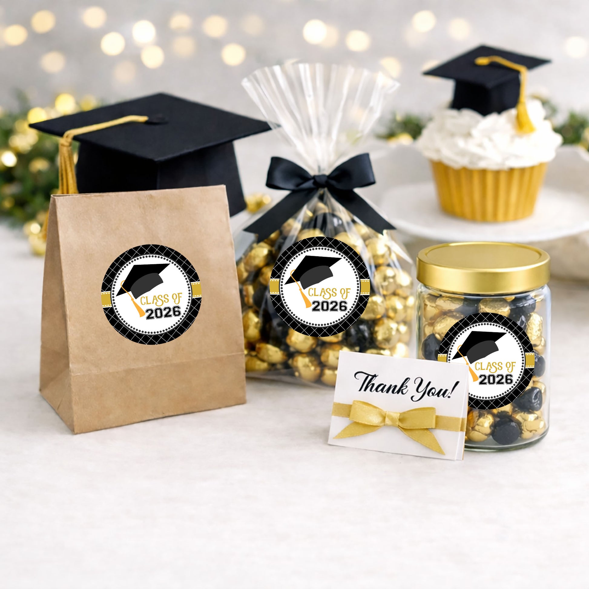 Class of 2026 graduation favor stickers on party treat bags jars and candy favors black and gold theme
