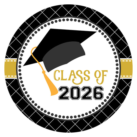 Class of 2026 graduation cap round favor sticker label in black and gold design