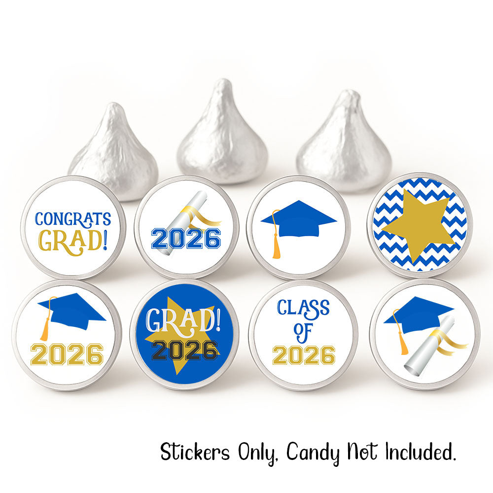 8 blue graduation themed candy sticker designs included in set