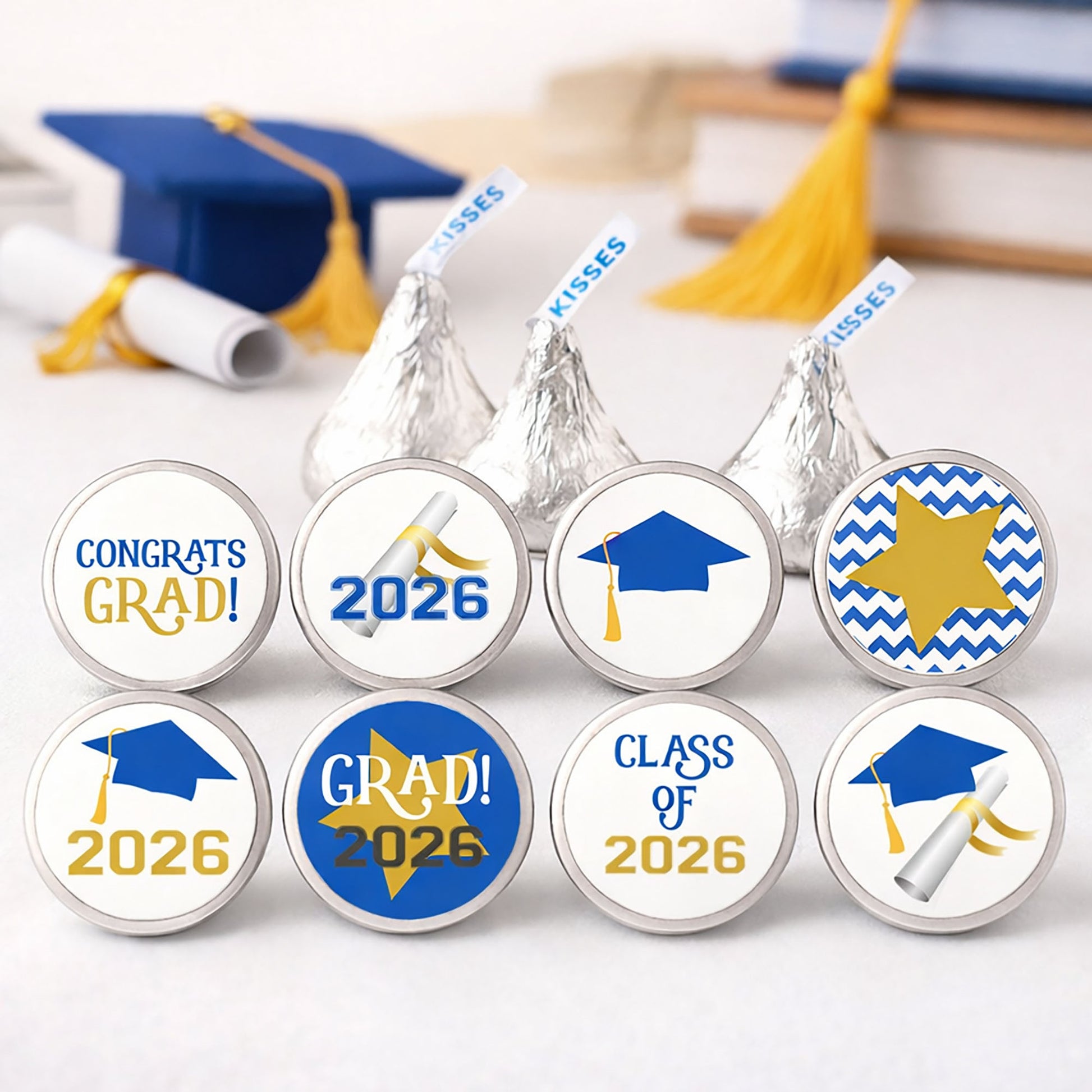 blue and gold graduation candy stickers on hershey kisses party favors