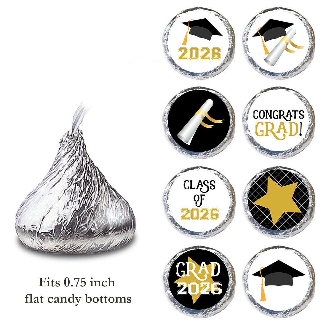 0.75 inch graduation candy stickers sized for hershey kisses chocolates