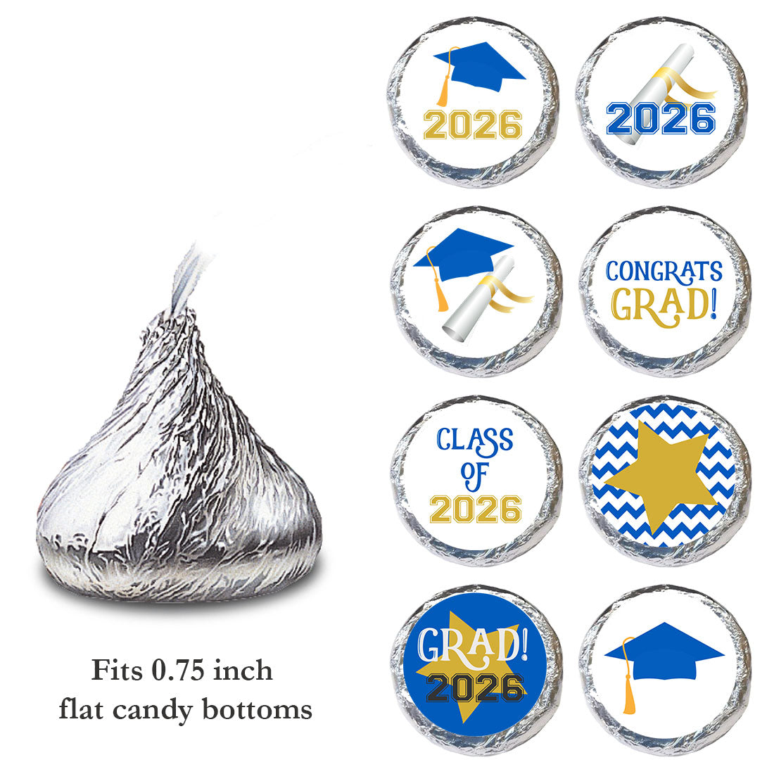 0.75 inch blue graduation candy sticker size reference for hershey kisses chocolates