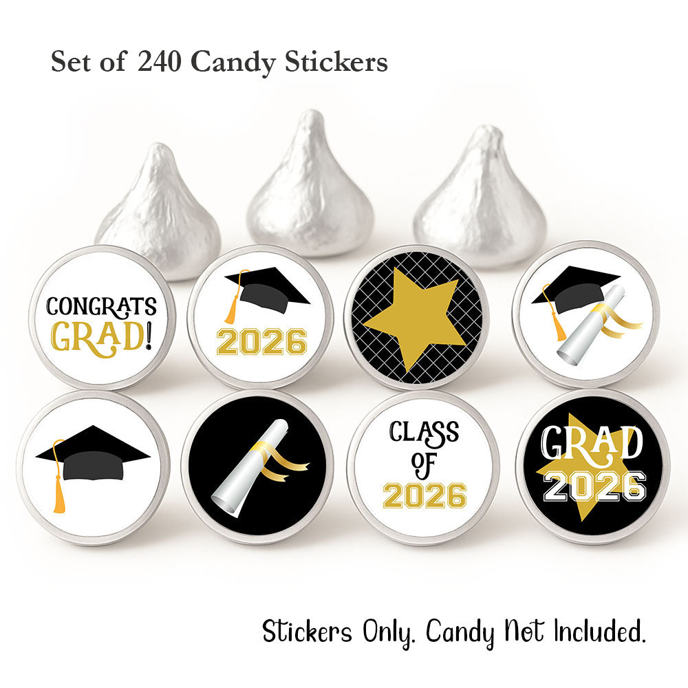 8 graduation themed sticker designs included in class of 2026 candy sticker set