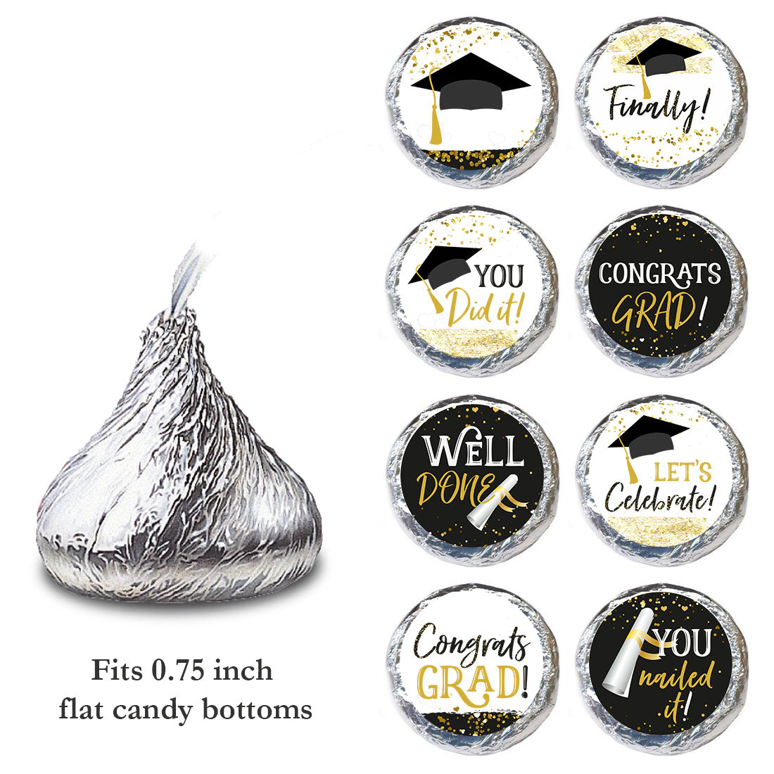 0.75 inch graduation candy sticker size reference for hershey kisses chocolates