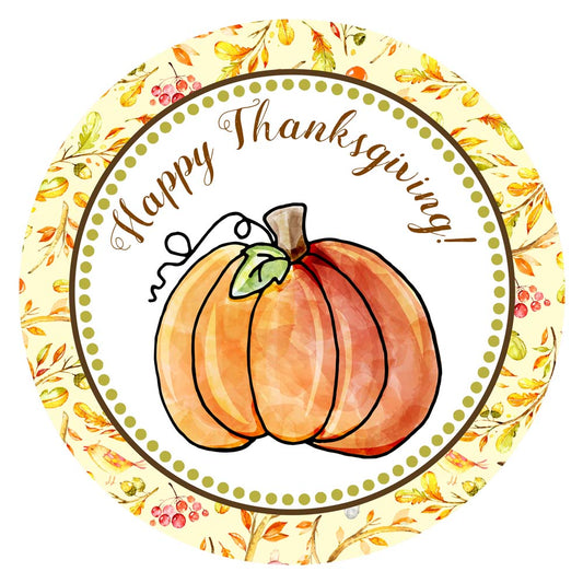 Happy Thanksgiving pumpkin sticker with watercolor pumpkin and autumn leaf border