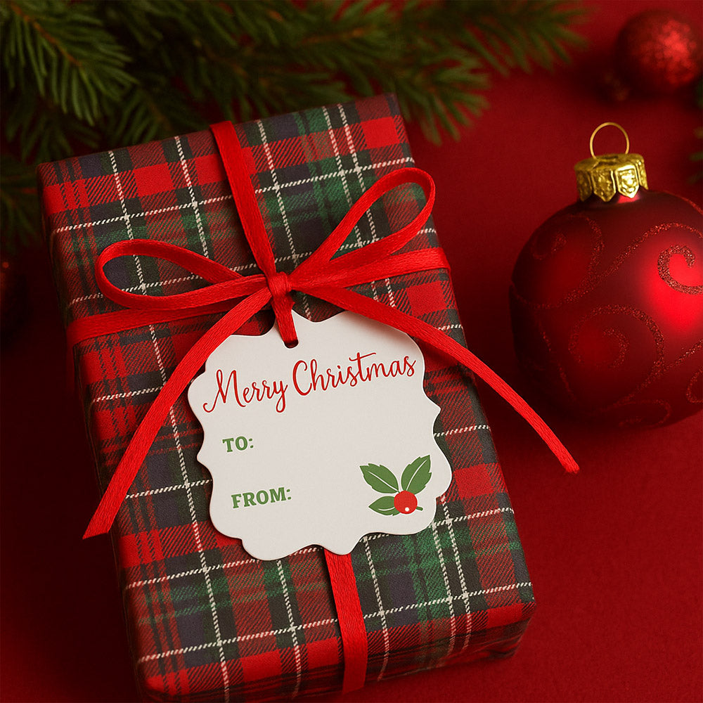 Christmas present wrapped in plaid paper adorned with a Merry Christmas gift tag and red ribbon bow