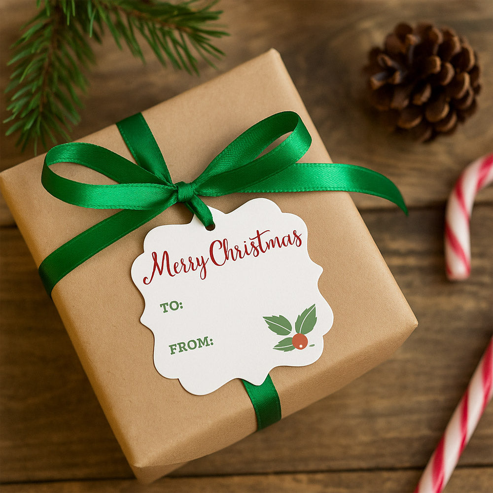 Kraft paper wrapped Christmas gift tied with twine and green ribbon, finished with a Merry Christmas gift tag