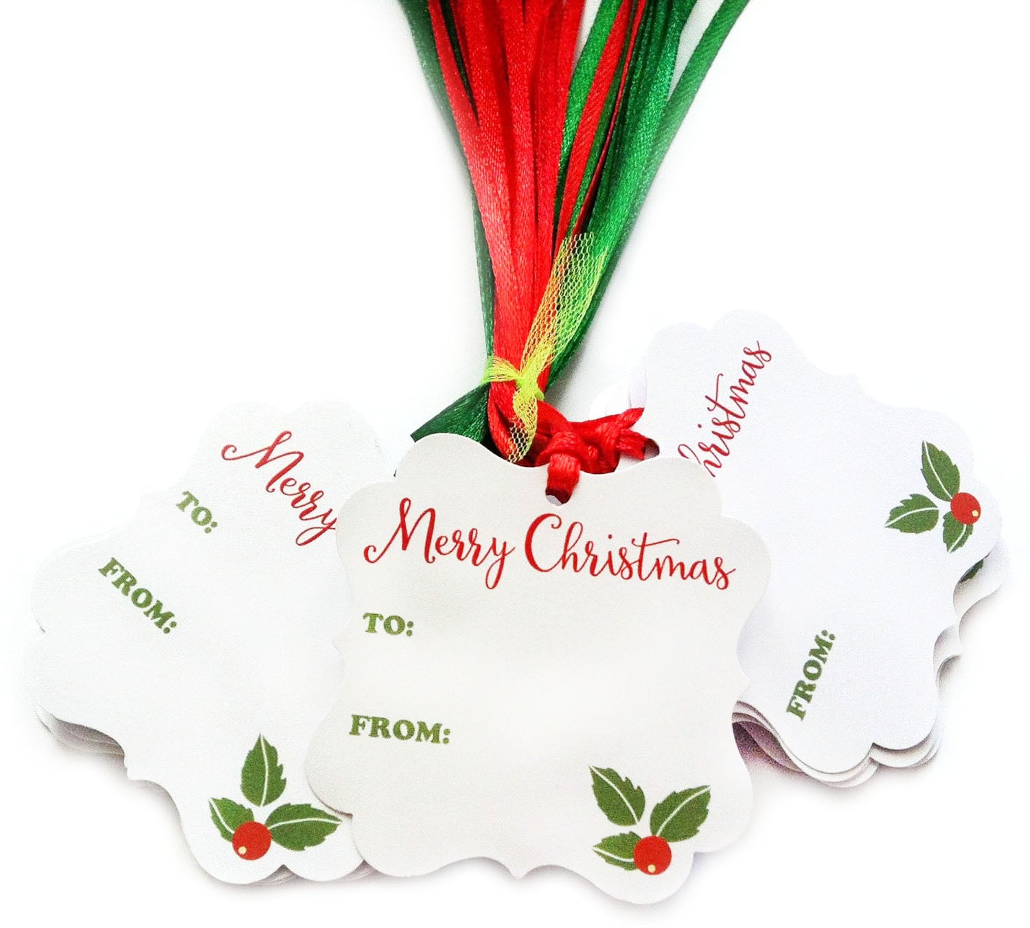 Set of Merry Christmas holiday gift tags with scalloped edges, holly leaves design, and red and green ribbons