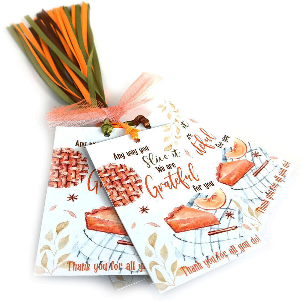 Pumpkin Pie Grateful For You favor tags bundled with satin ribbons in orange, green, and yellow, multiple tags shown together.