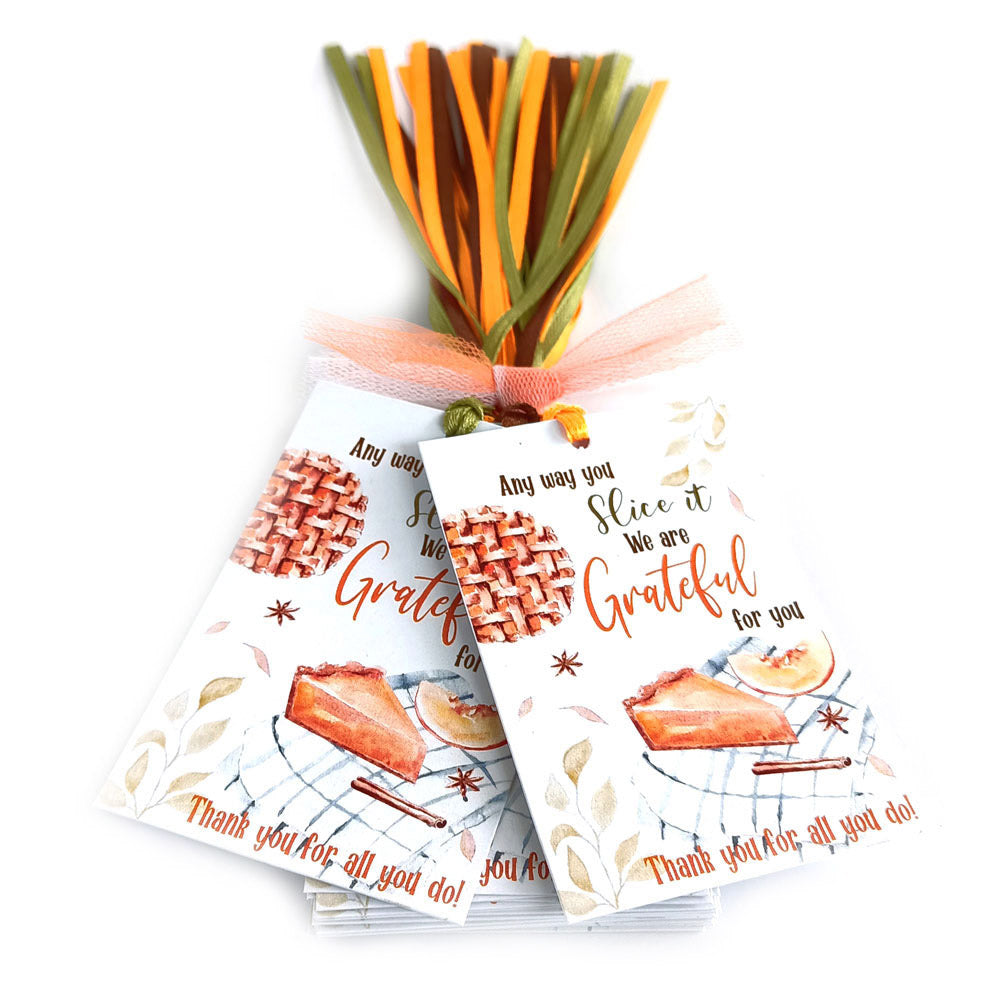 Thanksgiving Pumpkin Pie Grateful For You gift tags arranged with satin ribbons, ideal for seasonal favors and corporate gifts.