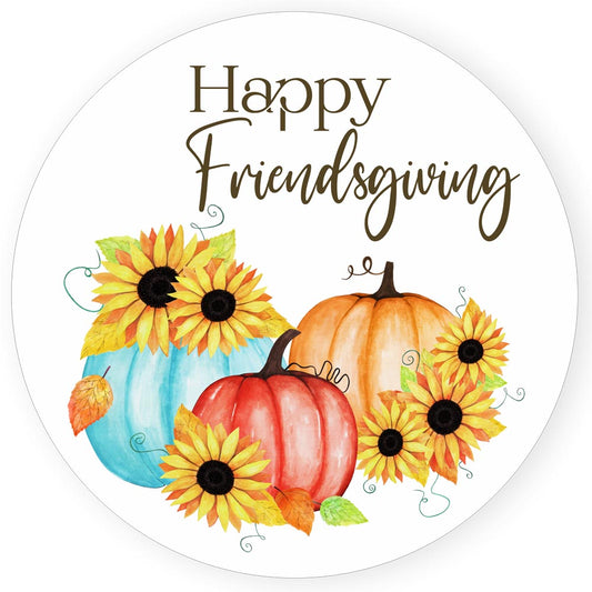 Happy Friendsgiving sticker with rustic-modern watercolor pumpkins and sunflowers, 2 inch round semi-gloss label
