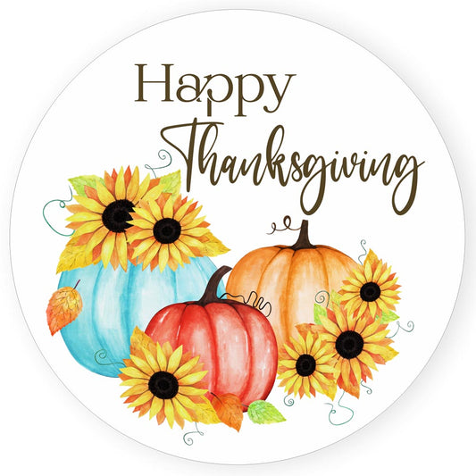 Round Happy Thanksgiving sticker with modern watercolor pumpkins and sunflowers on white background
