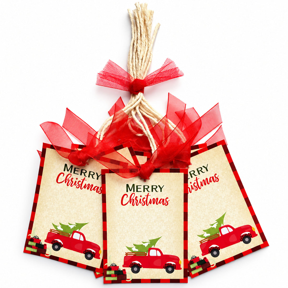 Vintage red truck Christmas gift tags with buffalo plaid borders, red ribbon, and off-white cotton cord