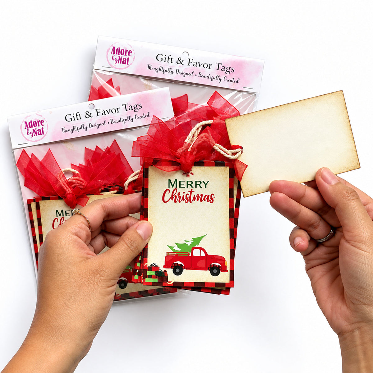 Front and blank back of red truck Christmas gift tags, with space for a handwritten message