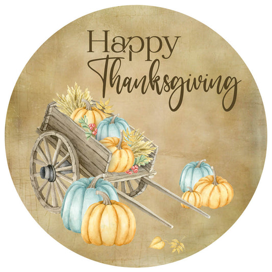 Rustic Fall Harvest Pumpkins Happy Thanksgiving Sticker – 2.5" round semi-gloss label with watercolor pumpkin cart design