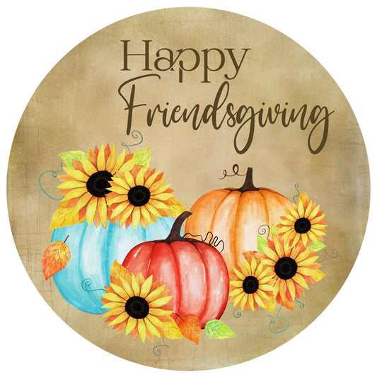 Happy Friendsgiving sticker with rustic pumpkins and sunflowers design, 2 inch round semi-gloss label
