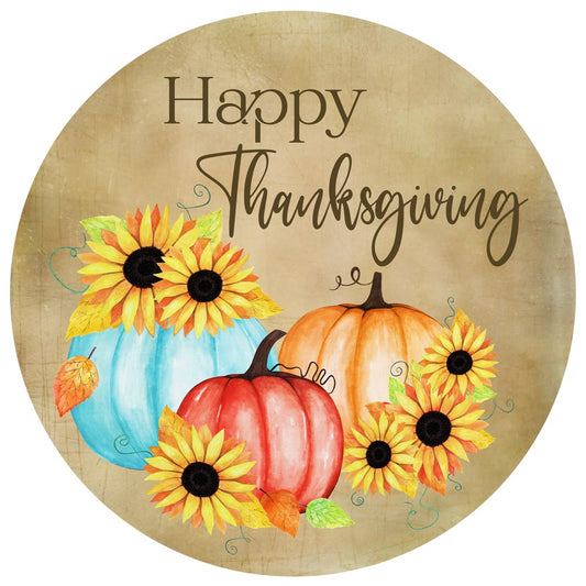 Round Happy Thanksgiving sticker with rustic watercolor pumpkins and sunflowers, 2-inch design