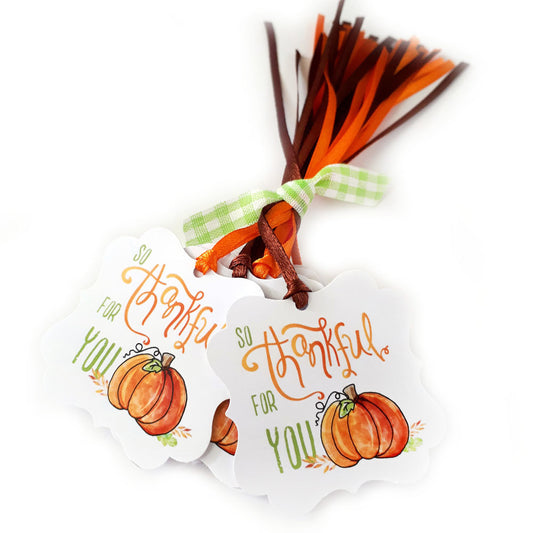 Autumn Pumpkin So Thankful for You Gift Tags by Adore By Nat – set of 24 scalloped square tags with watercolor pumpkin, 12 orange ribbons and 12 brown ribbons