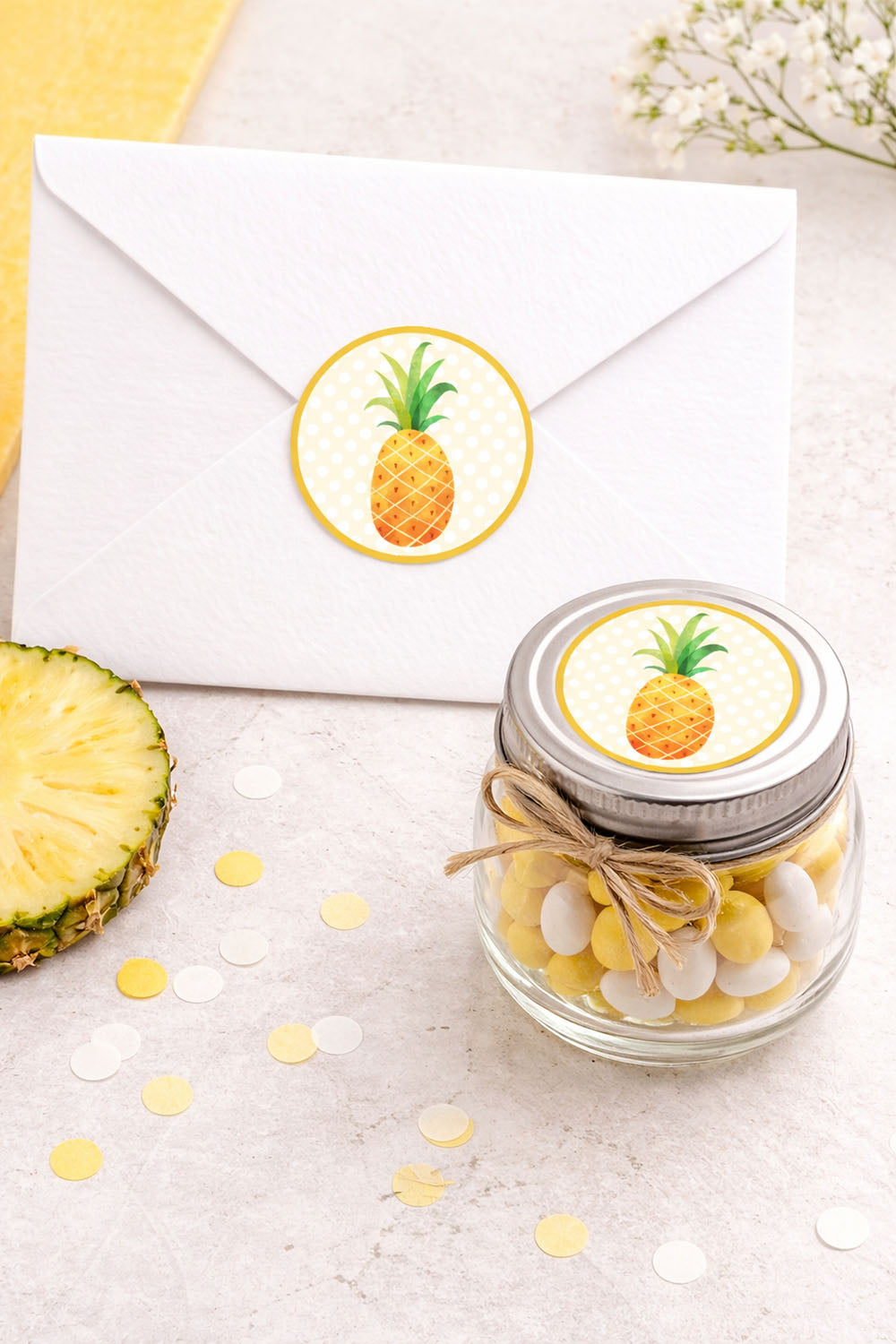 Pineapple round sticker used as envelope seal and favor jar label on light neutral tabletop background