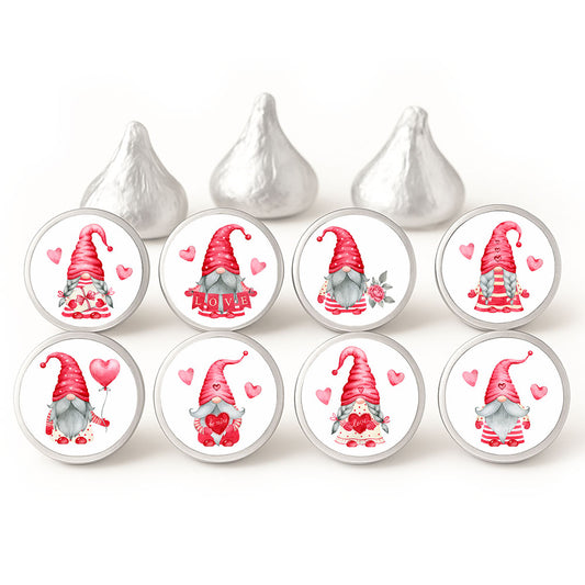 Valentine’s Day gnome candy stickers on Hershey’s Kisses chocolates displayed on a white background