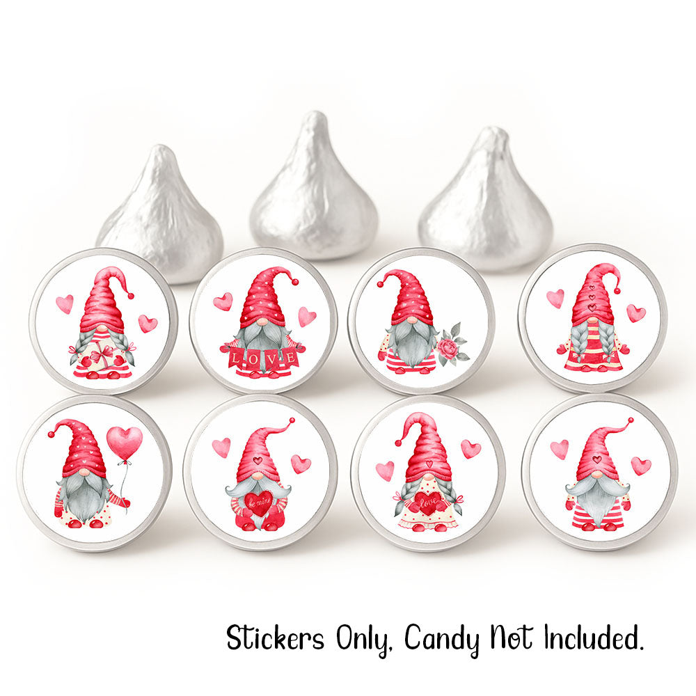 Valentine gnome candy stickers on Hershey’s Kisses chocolates with text stating stickers only, candy not included