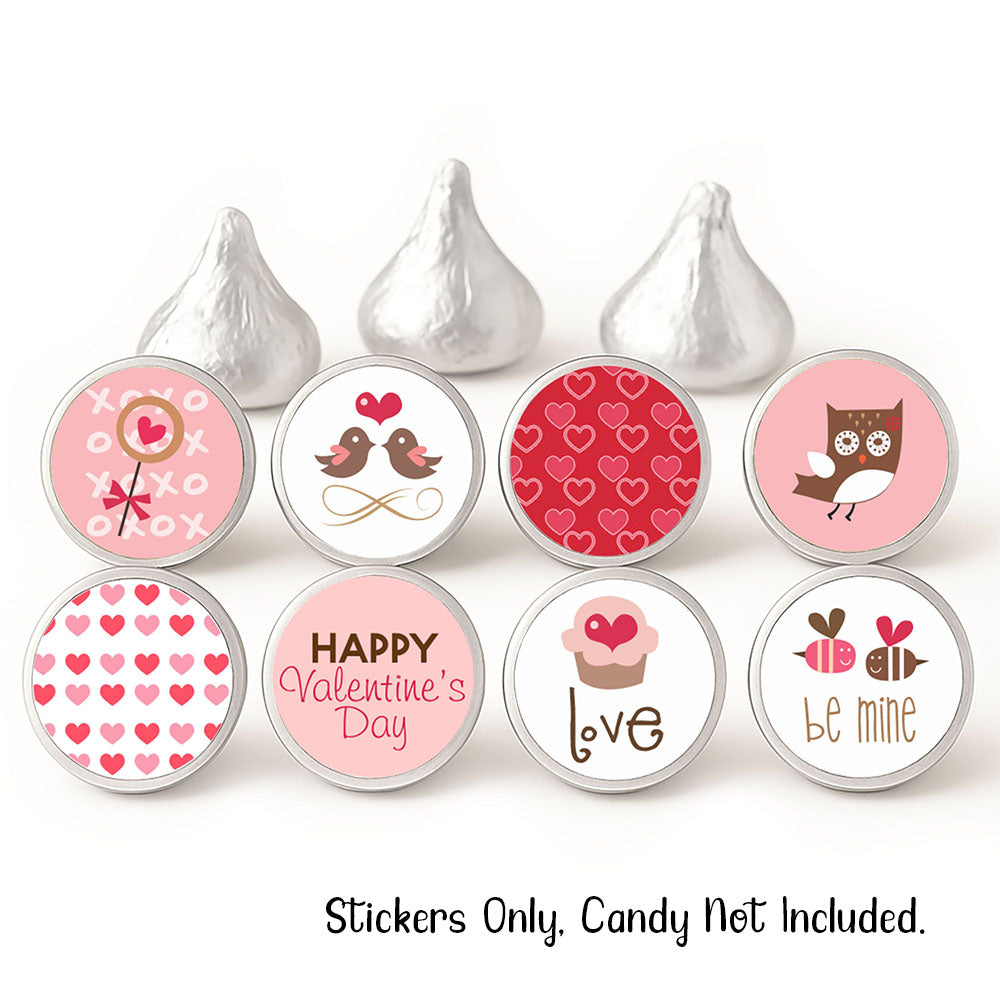 Valentine's Day-themed stickers on Hershey's Kisses with silver candy shells.