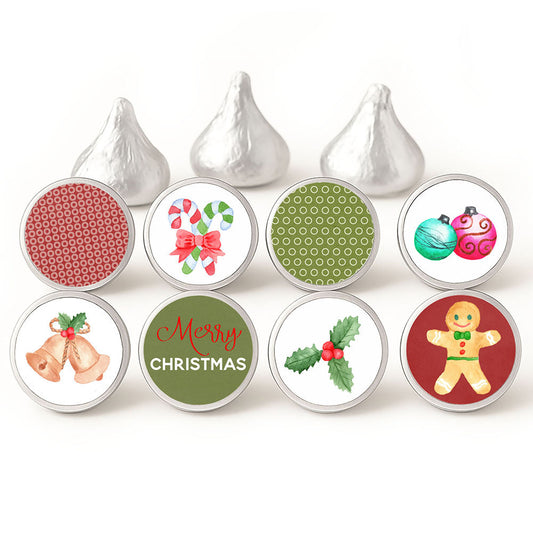 Vintage Christmas candy stickers in eight designs, including gingerbread, holly, bells, candy canes, and ornaments, shown on silver-wrapped chocolates