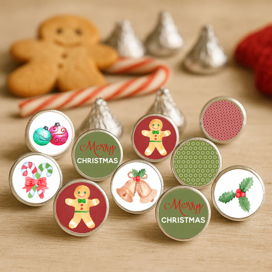 Vintage Christmas round stickers on chocolates beside gingerbread cookies and candy canes
