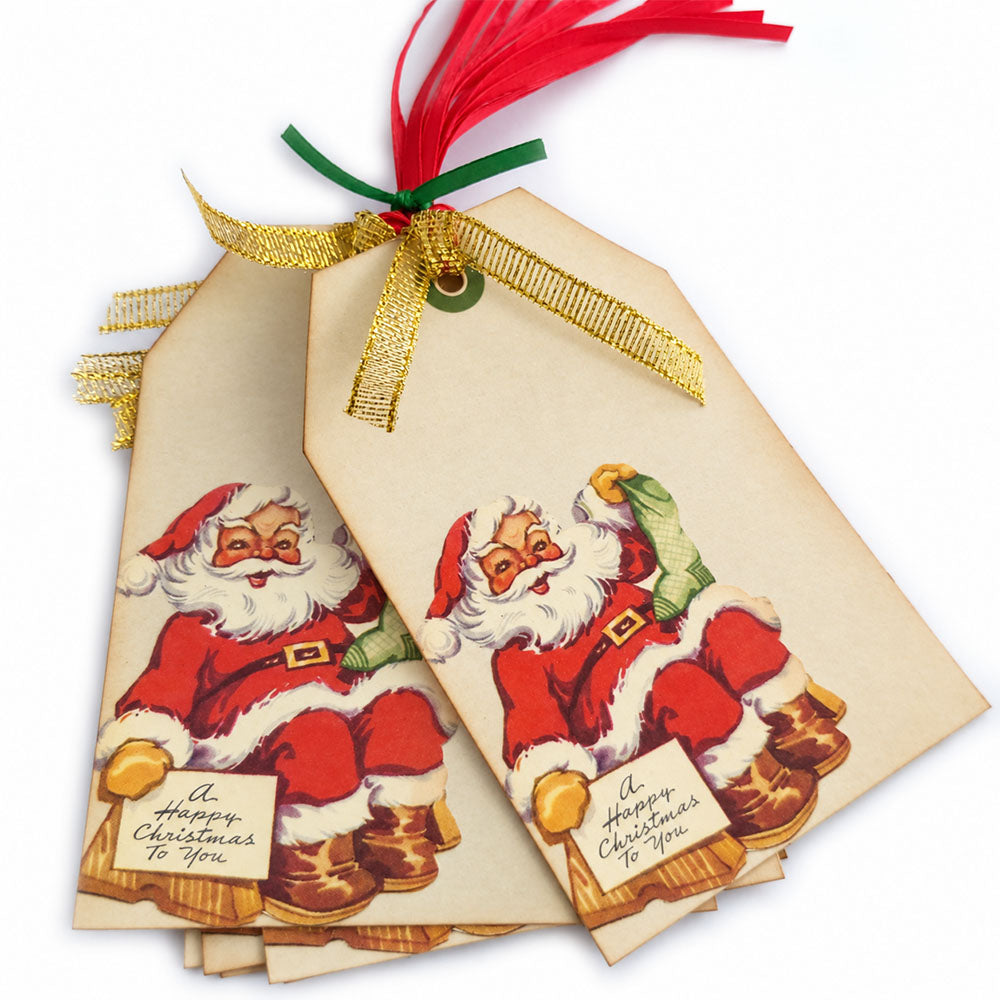 Vintage Santa Christmas gift tags with cream backgrounds, A Happy Christmas to You greeting, and gold ribbon