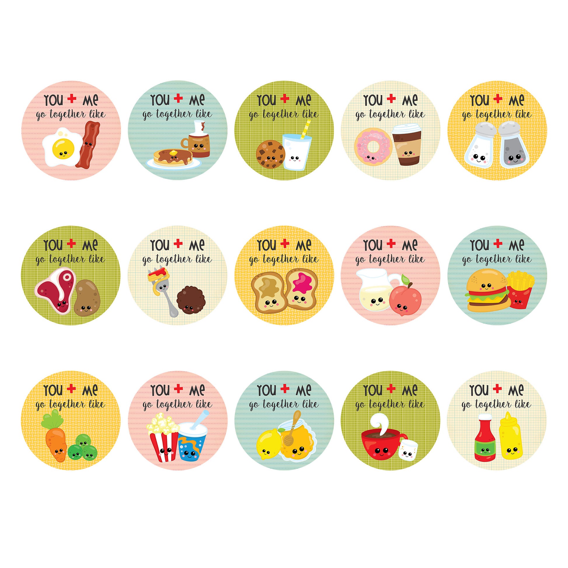 Set of 15 round stickers with food-themed illustrations and 'You + Me go together like...' text on a white background.