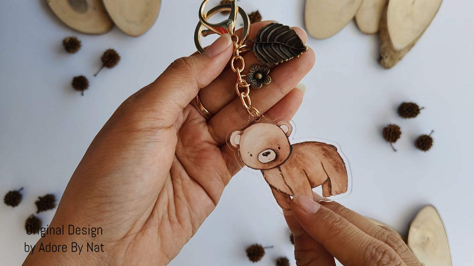 Cute Bear Keychain with Acrylic Charm, Leaf Accent and Gold Clasp