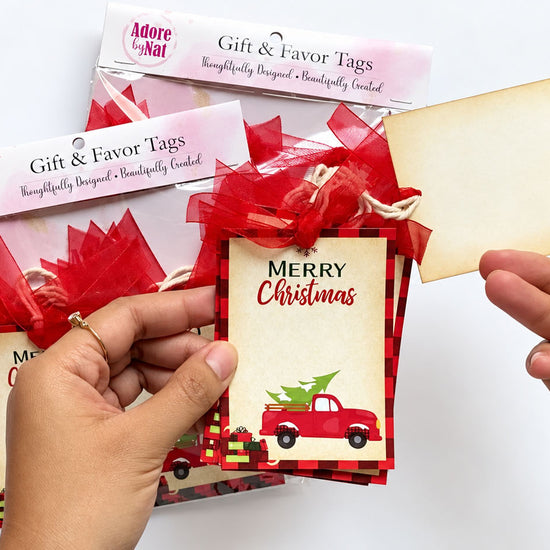 Video showing red truck Christmas gift tags, their ribbon details, and retail packaging