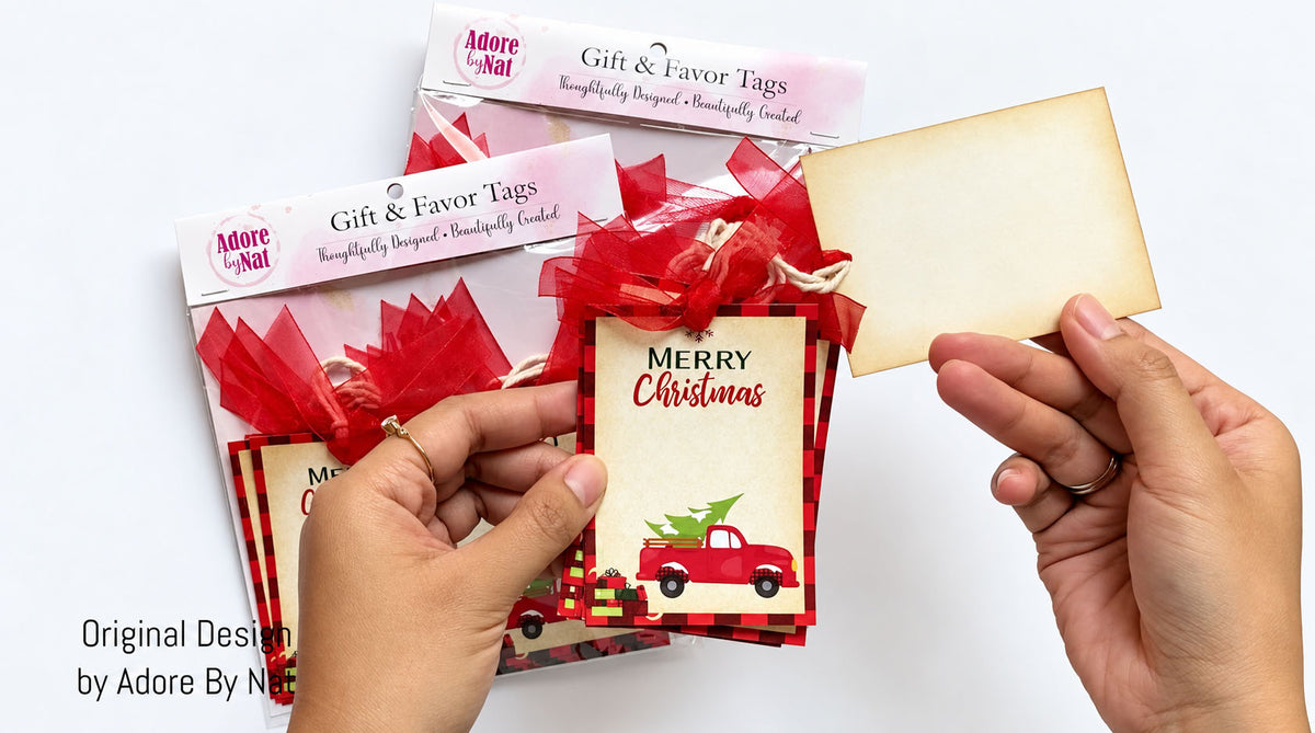 Video showing red truck Christmas gift tags, their ribbon details, and retail packaging