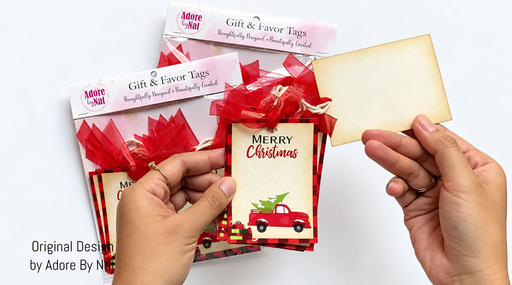 Video showing red truck Christmas gift tags, their ribbon details, and retail packaging