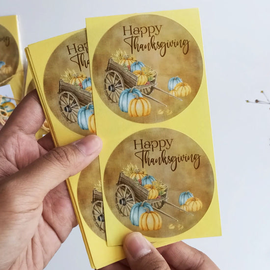 Set of Rustic Happy Thanksgiving stickers – 24 round 2.5" labels with pumpkin cart design for fall favors and jars