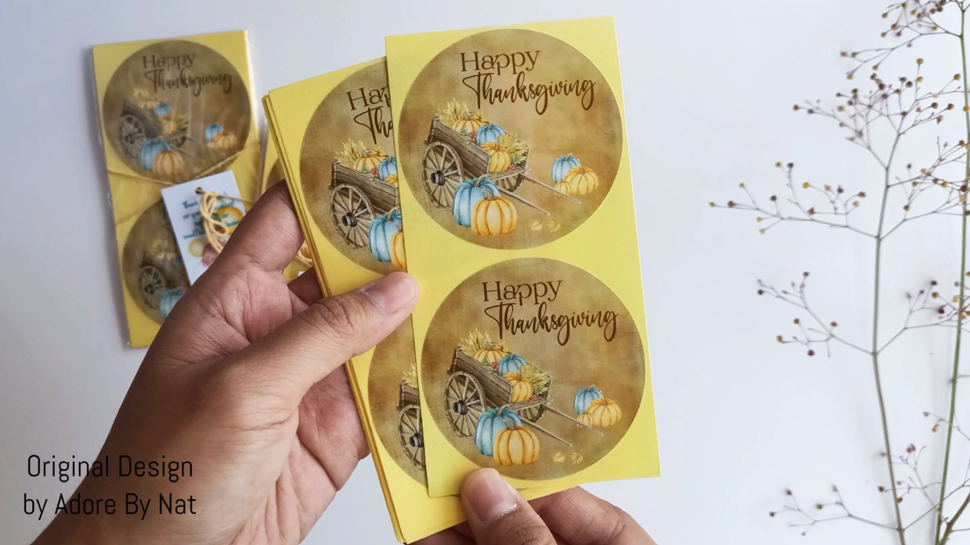Set of Rustic Happy Thanksgiving stickers – 24 round 2.5" labels with pumpkin cart design for fall favors and jars