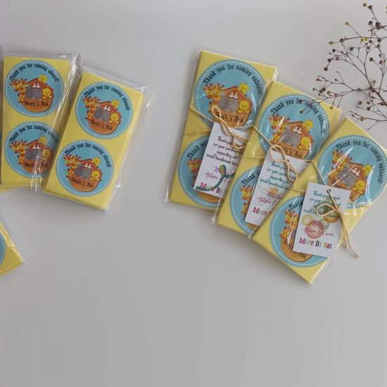 Noah’s Ark thank you stickers shown in 1.5 inch set of 50 and 2 inch set of 30, round labels for baby shower and birthday party favors