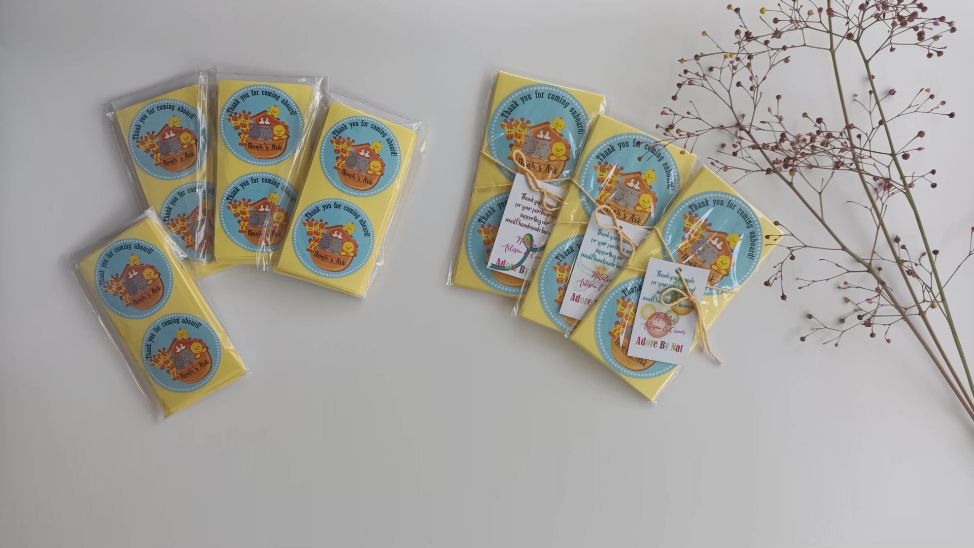 Noah’s Ark thank you stickers shown in 1.5 inch set of 50 and 2 inch set of 30, round labels for baby shower and birthday party favors